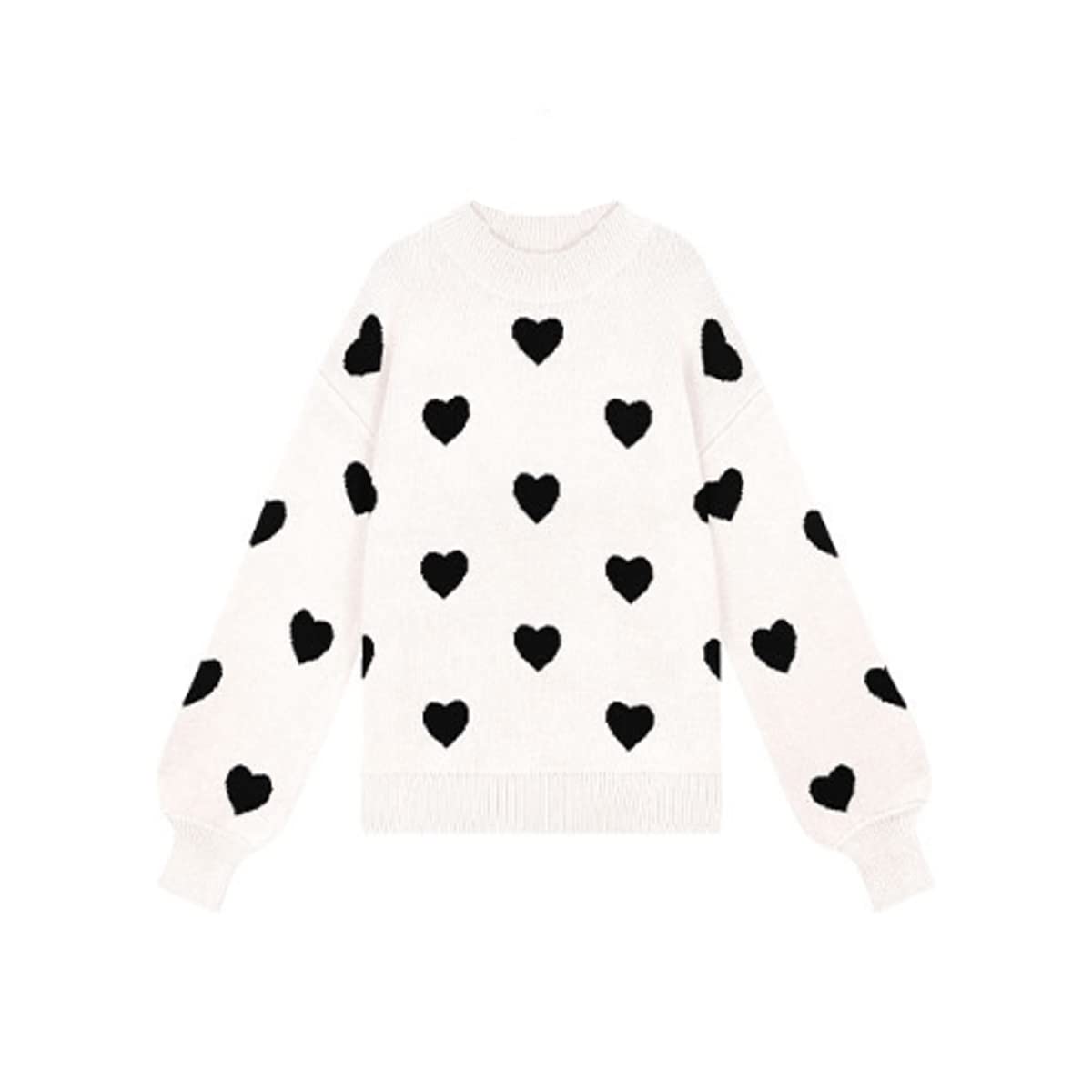 Women's Casual Sweater With Heart Pattern Print Round Neck Fashion Pullover Cute